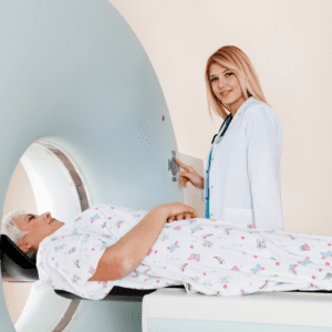 Dr preparing MRI for patient in medical gown