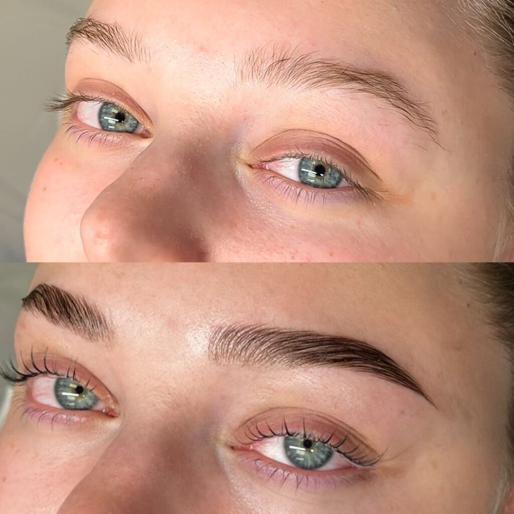 Before and After of eyebrow tint, lamination, lash lift and tint treatments